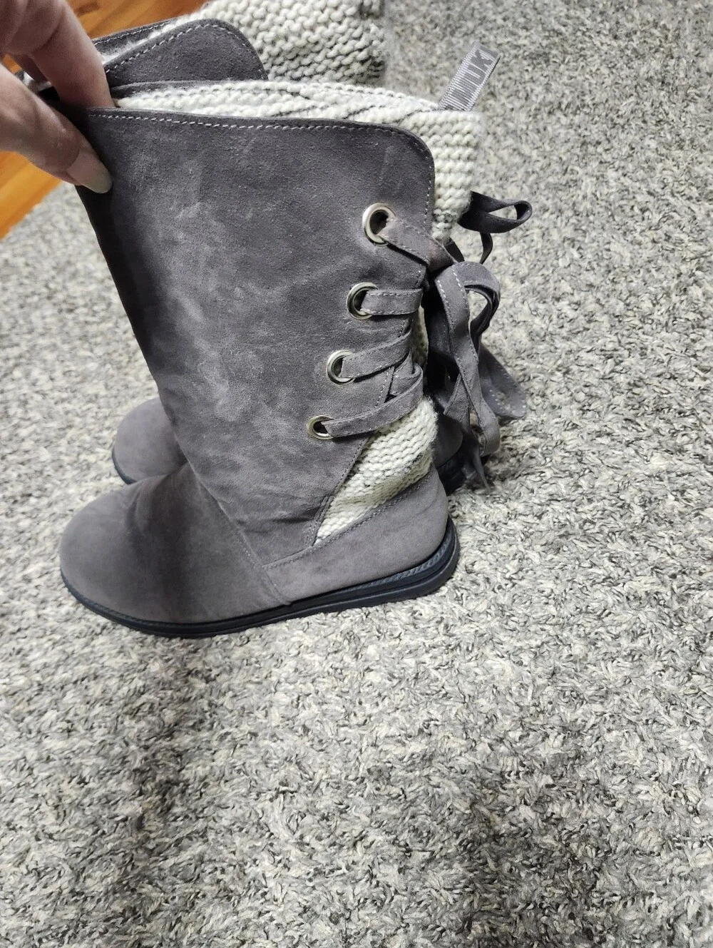 Muk Luks Gray Knit-Trim Lace-Back Winter Boots
